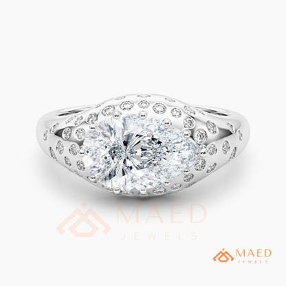 East-West Pear Cut Engagement Ring | Flush Setting Pave Dome Band in 14K Gold, Rose Gold & Silver