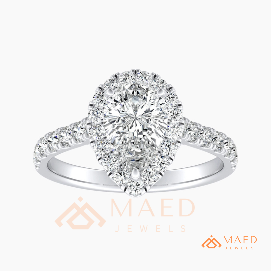 Pear Cut Halo Engagement Ring with Pave Band