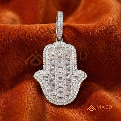 Iced Out Emerald Cut Hamsa Pendant | Sterling Silver, 14K Gold & Rose Gold