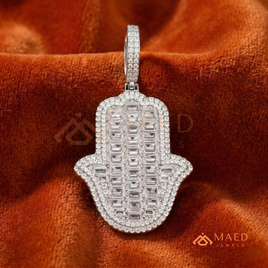 Iced Out Emerald Cut Hamsa Pendant | Sterling Silver, 14K Gold & Rose Gold