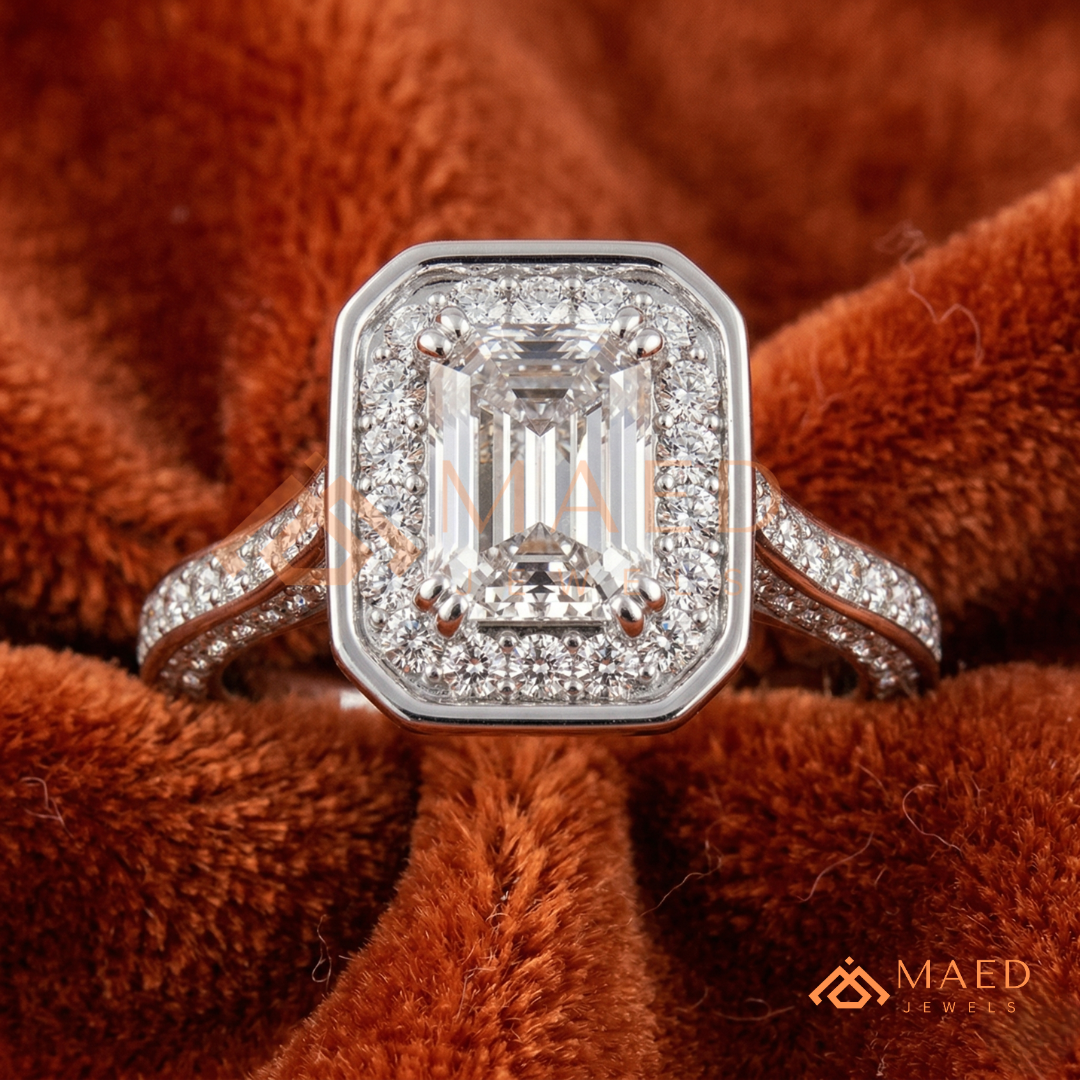 Art Deco Emerald Cut [Gemstone Type] Bezel Halo Ring in 14K Yellow Gold, Rose Gold & Silver