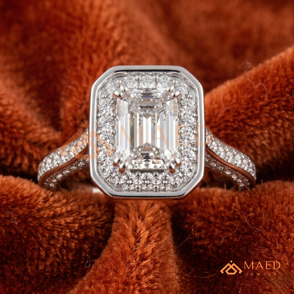 Art Deco Emerald Cut [Gemstone Type] Bezel Halo Ring in 14K Yellow Gold, Rose Gold & Silver
