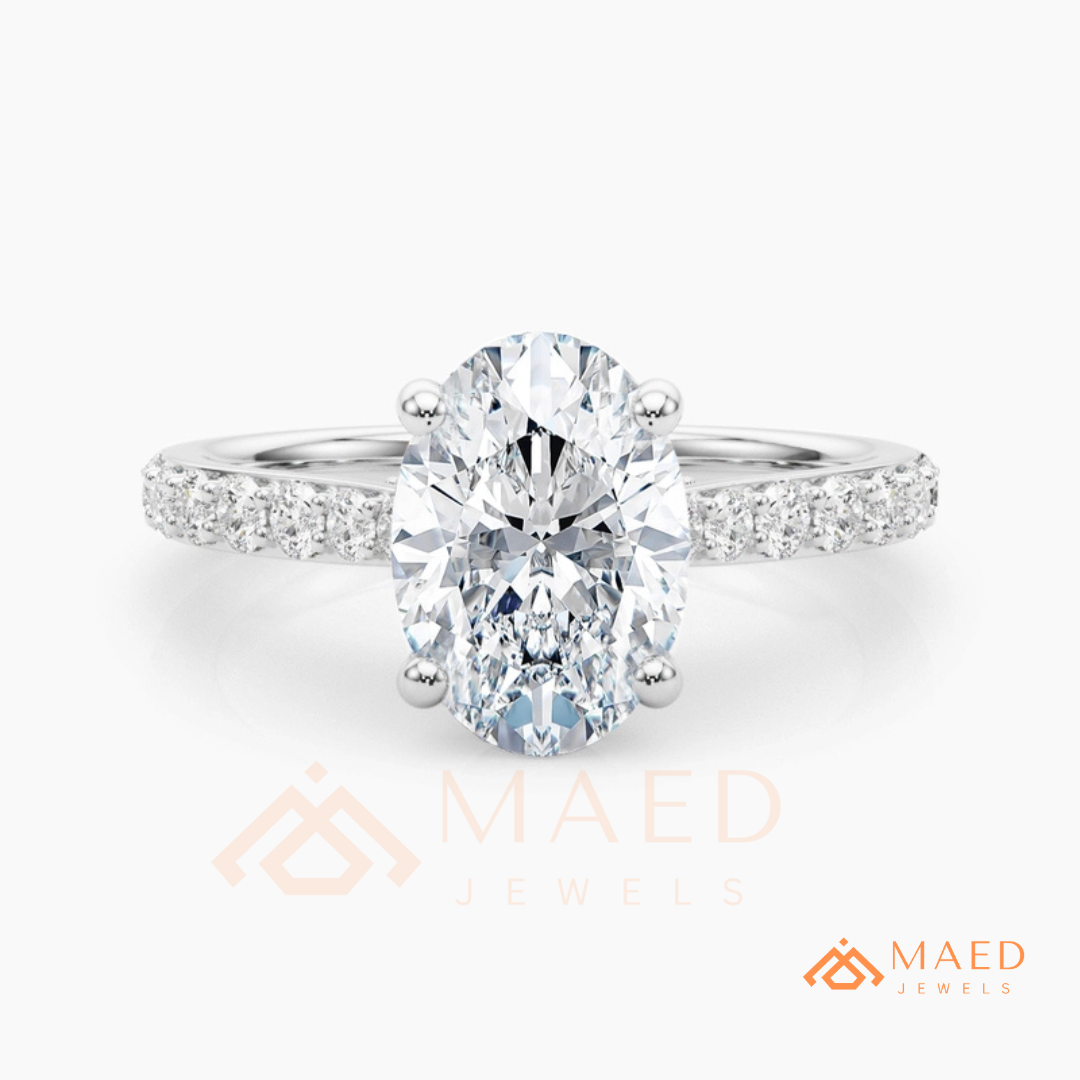 Oval Cut Moissanite Engagement Ring | 14K Gold, Rose Gold & Silver Pave Band