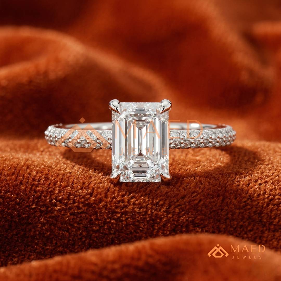 Emerald Cut Engagement Ring with Multi-Row Pavé Band in Silver, 14K Gold, & 14K Rose Gold
