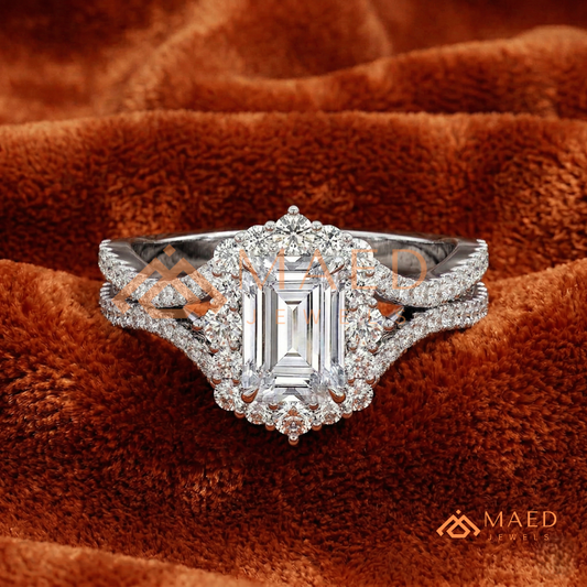 Emerald Cut Starburst Halo Engagement Ring | Split Shank Band in 14k Gold, Rose Gold & Silver