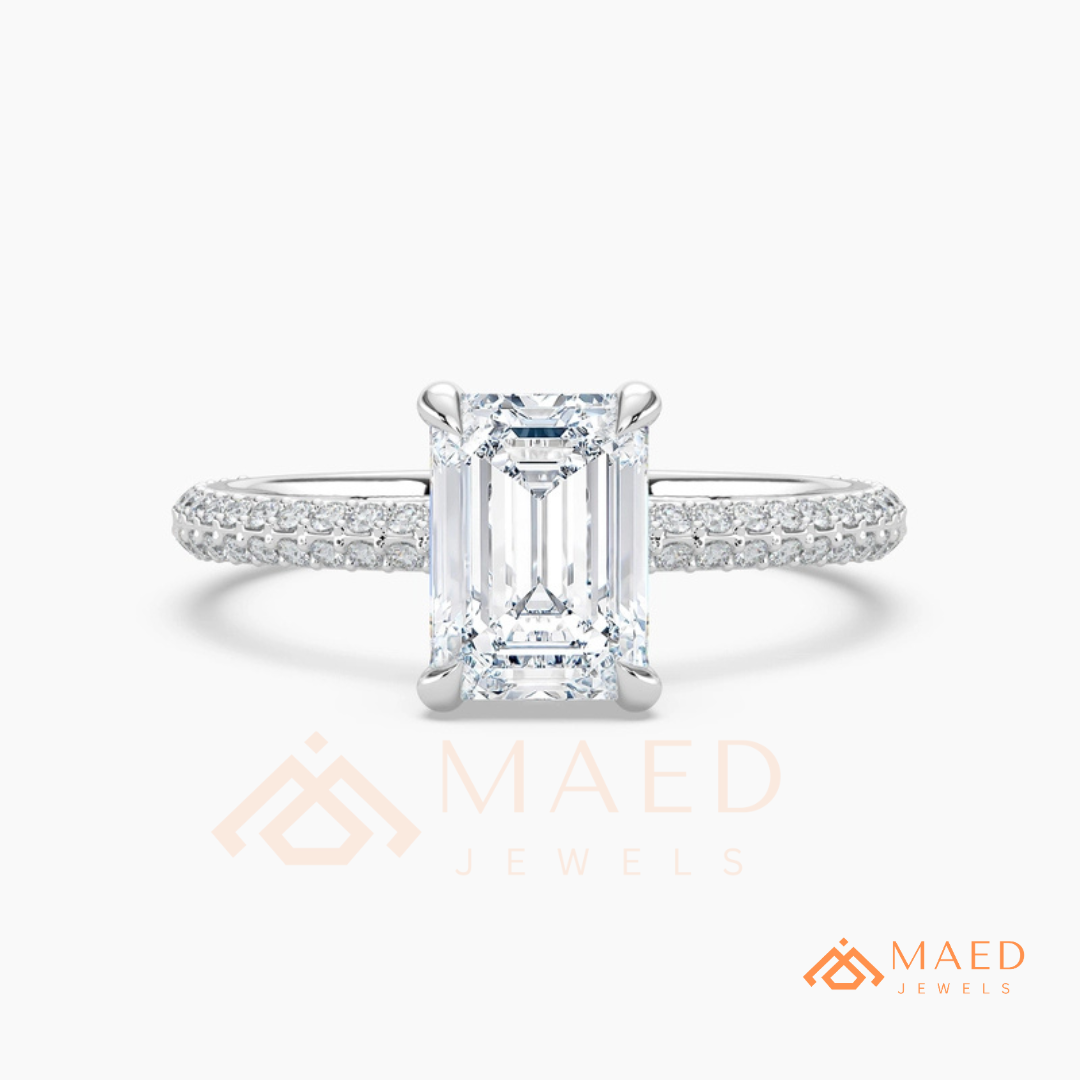 Emerald Cut Engagement Ring with Multi-Row Pavé Band in Silver, 14K Gold, & 14K Rose Gold