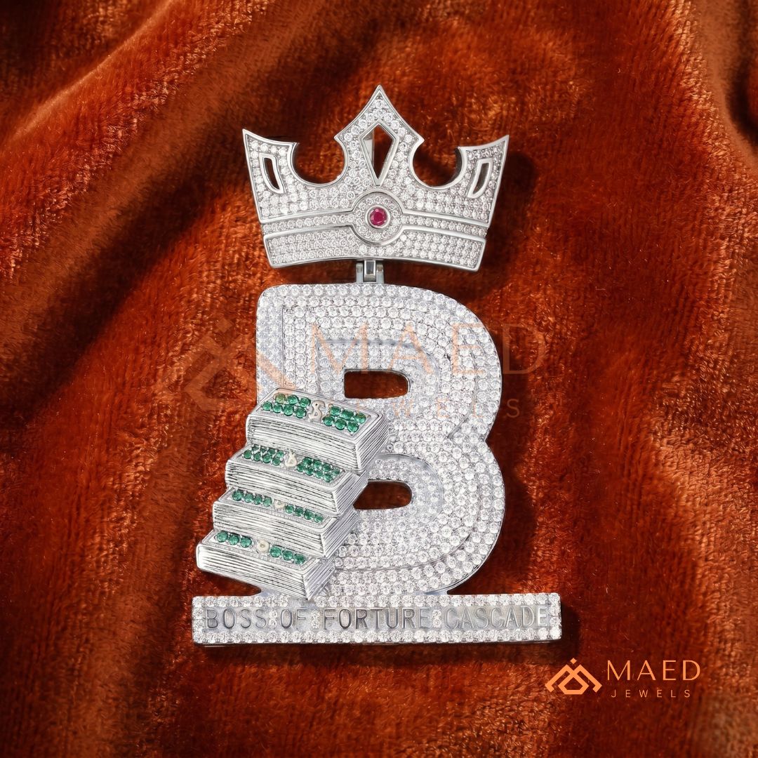 Custom Crown Initial "B" Money Stack Pendant in Sterling Silver & 14K Gold