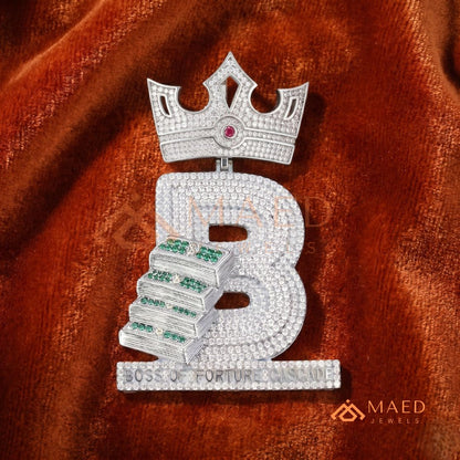 Custom Crown Initial "B" Money Stack Pendant in Sterling Silver & 14K Gold