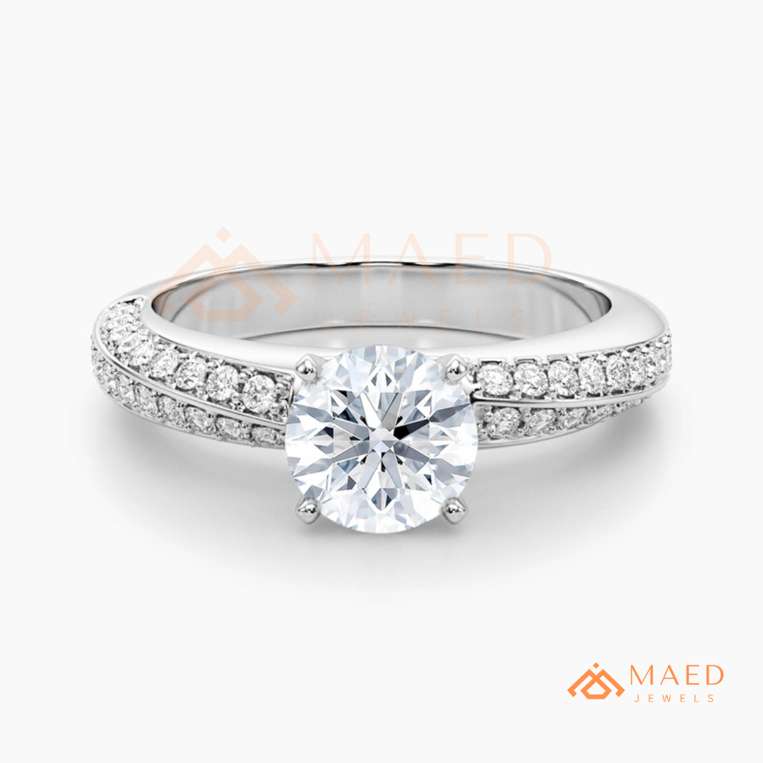 Round Brilliant Cut Ring with Double Row Pavé Band | 14k Gold, Rose Gold & Silver