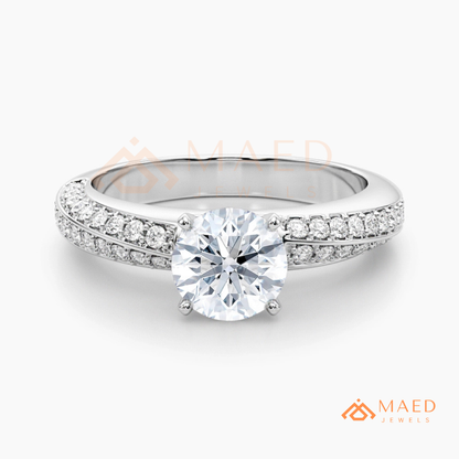 Round Brilliant Cut Ring with Double Row Pavé Band | 14k Gold, Rose Gold & Silver