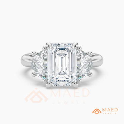 Emerald Cut Three Stone Engagement Ring | Half Moon Side Stones in 14K Gold & Silver