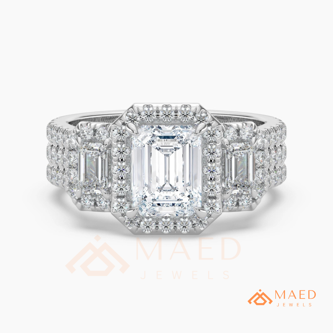 Three-Stone Emerald Cut Halo Engagement Ring | Triple Row Pave Band in 14K Gold & Silver