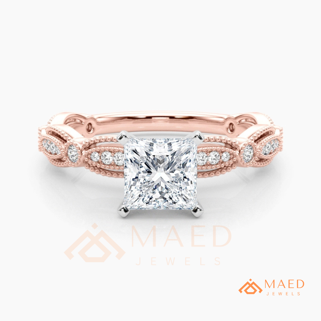 Princess Cut Vintage Engagement Ring in 14K Gold, Rose Gold & Silver | Antique Milgrain Pave Moissanite Ring for Women