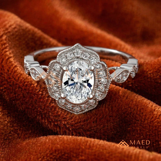 Vintage Oval Cut Art Deco Halo Engagement Ring | Milgrain Band in 14k Gold & Silver