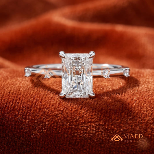 Radiant Cut Solitaire Engagement Ring with Dotted Accent Band