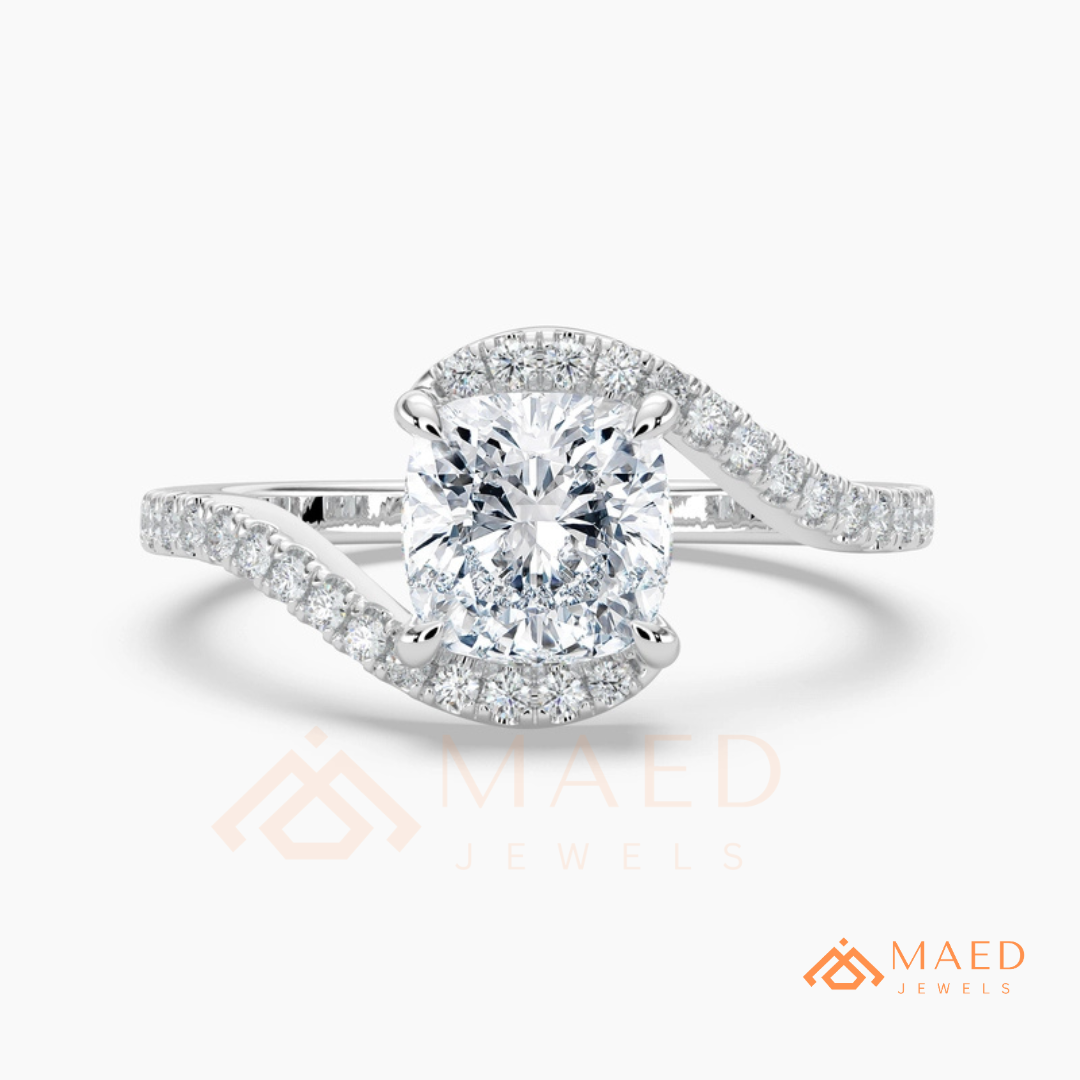 Cushion Cut Moissanite Bypass Halo Engagement Ring in Sterling Silver, 14K White Gold & Rose Gold | Criss Cross Diamond Simulant Wedding Ring