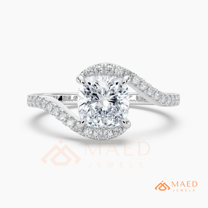 Cushion Cut Moissanite Bypass Halo Engagement Ring in Sterling Silver, 14K White Gold & Rose Gold | Criss Cross Diamond Simulant Wedding Ring
