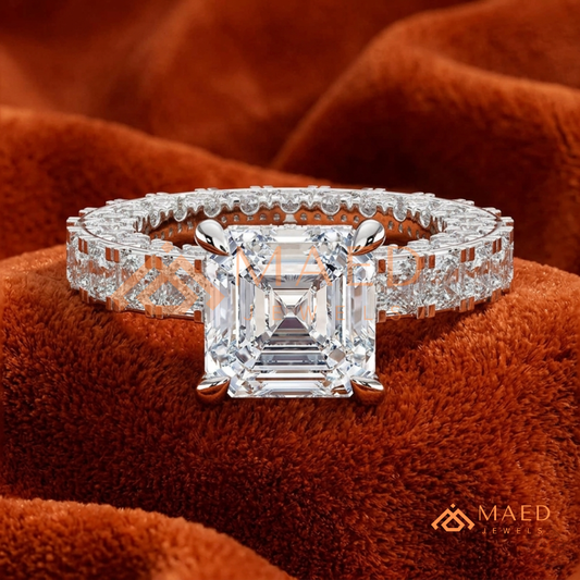 Classic Asscher Cut Solitaire Engagement Ring with Eternity Band Shank in Silver, 14K Gold & Rose Gold