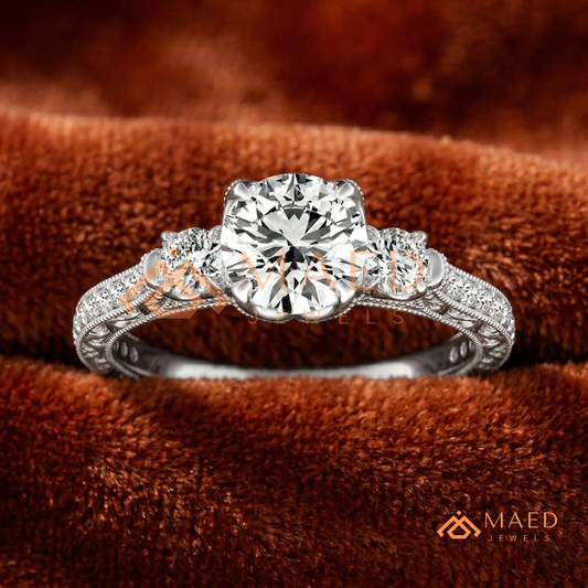 Vintage 3-Stone Round Engagement Ring in 14K Gold, Rose Gold & Silver | Antique Milgrain Pave Moissanite Ring for Women