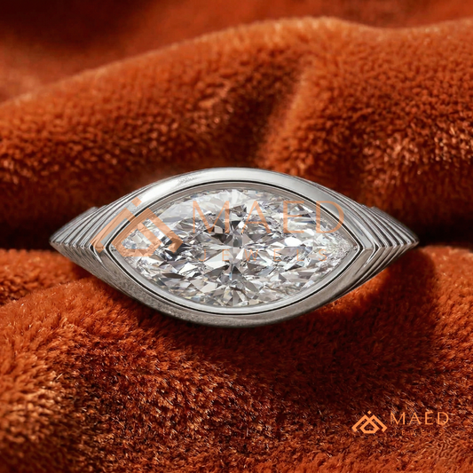 East-West Marquise Bezel Engagement Ring | Fluted Band in 14K Gold, Rose Gold & Silver