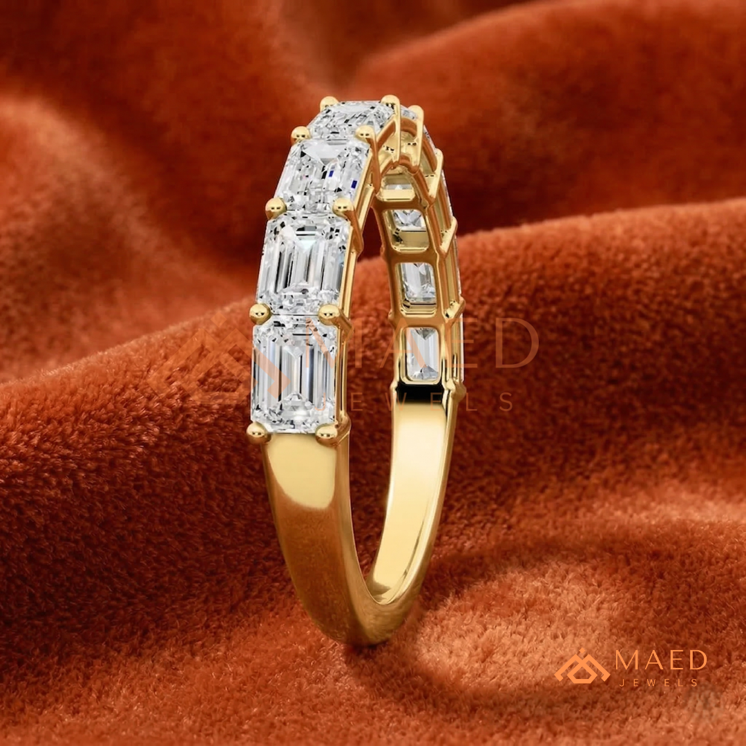 7-Stone Emerald Cut Diamond Wedding Band in Silver, 14K Yellow & Rose Gold