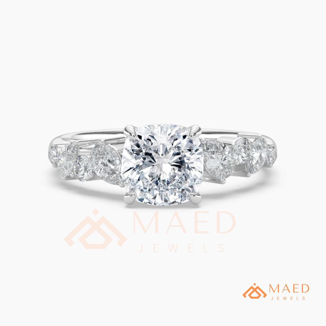 Cushion Cut Engagement Ring with Pear Accent Band in Silver, 14K Gold, & 14K Rose Gold