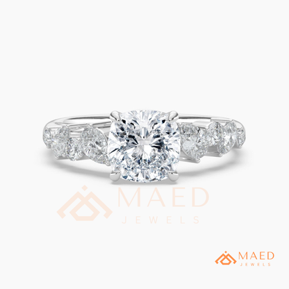 Cushion Cut Engagement Ring with Pear Accent Band in Silver, 14K Gold, & 14K Rose Gold