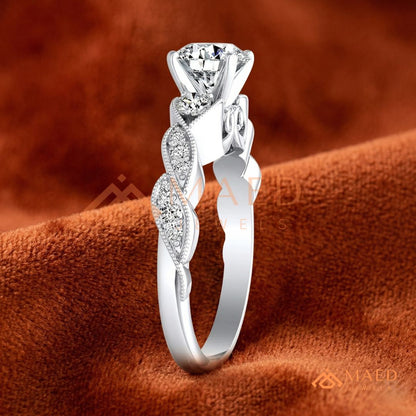 Vintage-Inspired Three-Stone Engagement Ring with Milgrain Twisted Band