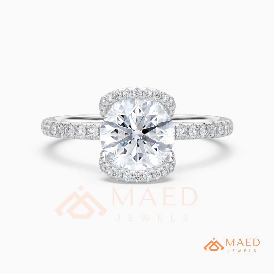 Modern Round Cut Open Arc Halo Engagement Ring in 14K Gold, Rose Gold & Silver