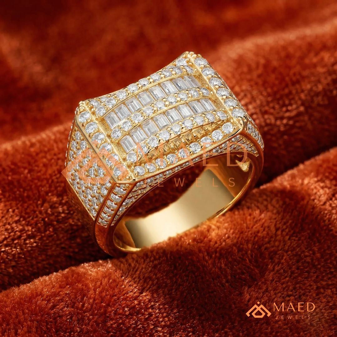 Men's Concave Baguette & Pave Statement Ring | Silver, 14K Gold & Rose Gold