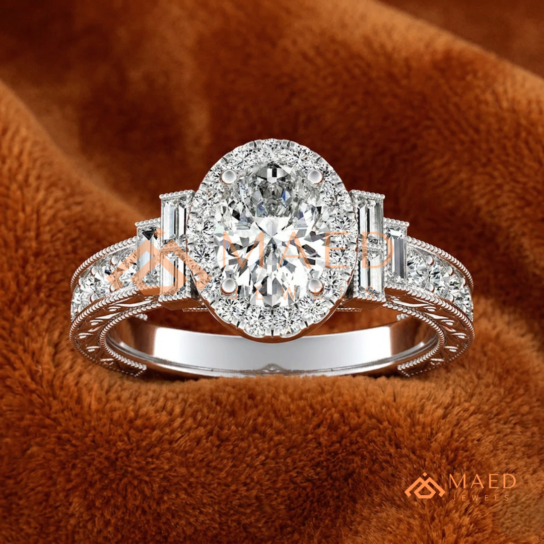 Heirloom Oval Halo [Gemstone Type] Ring with Filigree Band in 14K Gold, Rose Gold & Silver