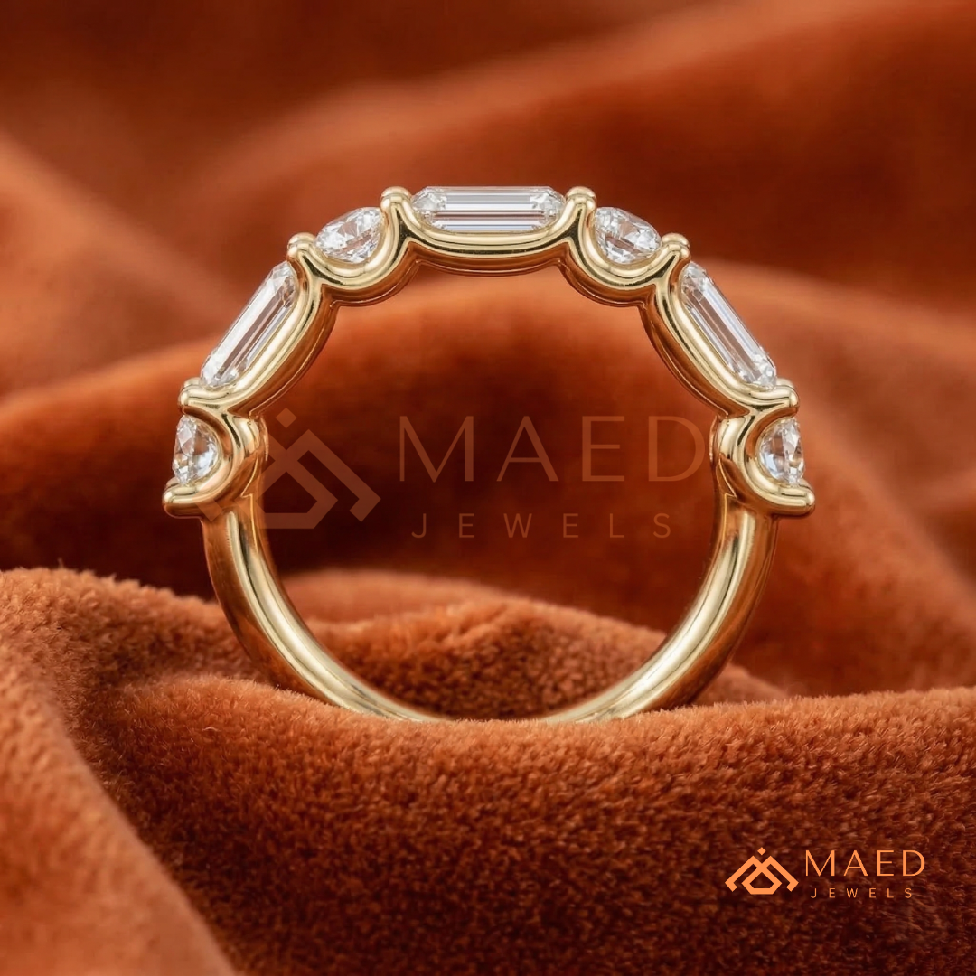 5-Stone Mixed Cut Diamond Wedding Band | Emerald & Round Moissanite Anniversary Ring in Silver, 14K Gold, & Rose Gold