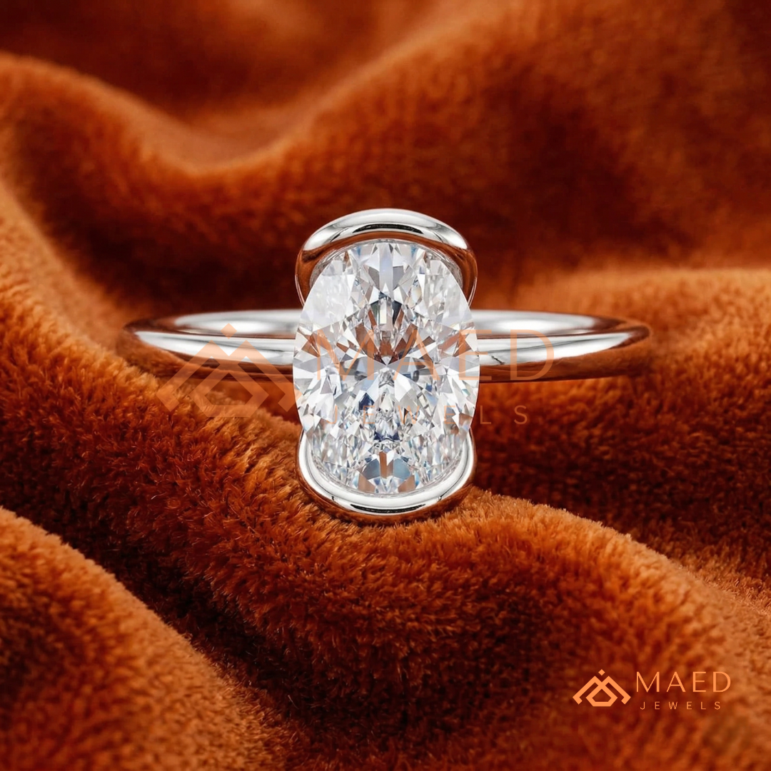 The Aria Oval Half-Bezel Engagement Ring – Silver, 14K Yellow & Rose Gold