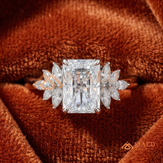 Radiant Cut Engagement Ring with Marquise Diamond Lotus Cluster in 14K Gold, Rose Gold & Silver