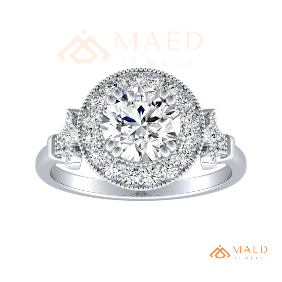 Vintage-Inspired Round Halo Engagement Ring with Milgrain Detail in 14K Gold, Rose Gold or Silver