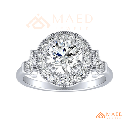 Vintage-Inspired Round Halo Engagement Ring with Milgrain Detail in 14K Gold, Rose Gold or Silver