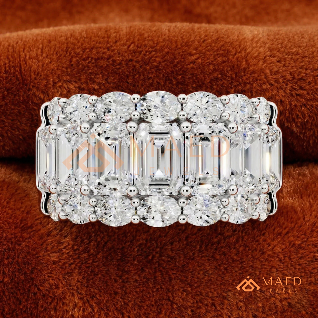 The Empress Triple-Row Ring | Vertical Emerald & Oval Cut Cocktail Band