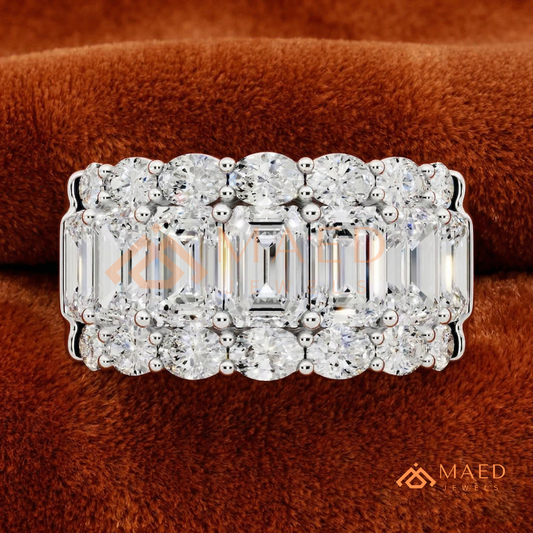 The Empress Triple-Row Ring | Vertical Emerald & Oval Cut Cocktail Band