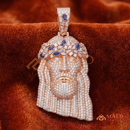 Iced Out Jesus Head Piece with Blue Sapphires | Silver, 14K Yellow & Rose Gold