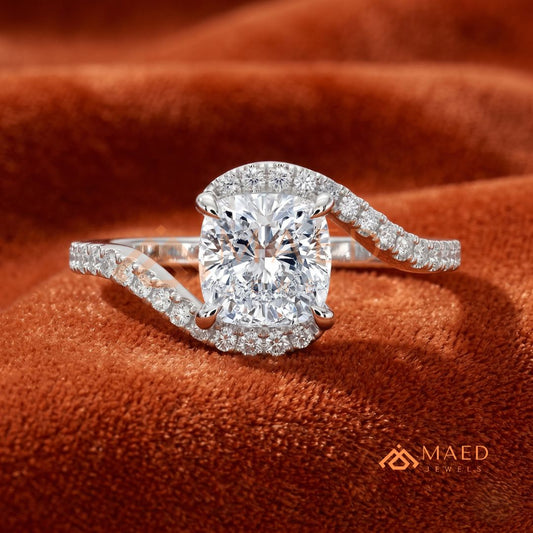 Cushion Cut Moissanite Bypass Halo Engagement Ring in Sterling Silver, 14K White Gold & Rose Gold | Criss Cross Diamond Simulant Wedding Ring