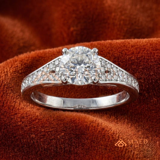 Round Cut Engagement Ring with Pavé Accents in 14K Gold, Rose Gold or Silver
