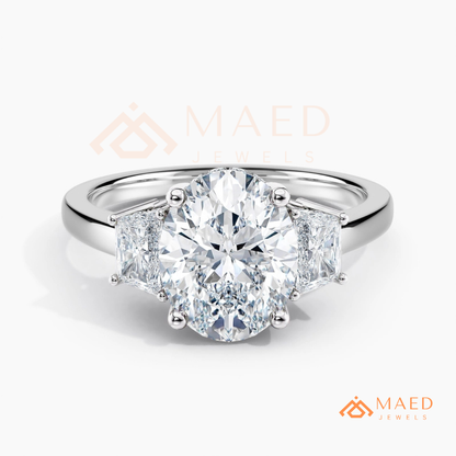 Classic Oval Cut 3-Stone Engagement Ring with Trapezoid Side Gems