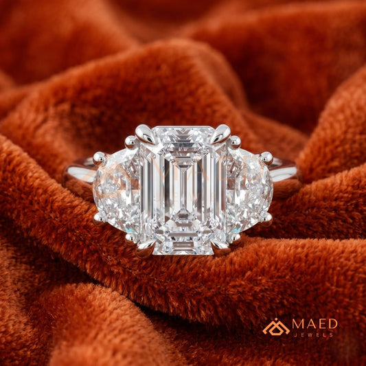 Emerald Cut Three Stone Engagement Ring | Half Moon Side Stones in 14K Gold & Silver