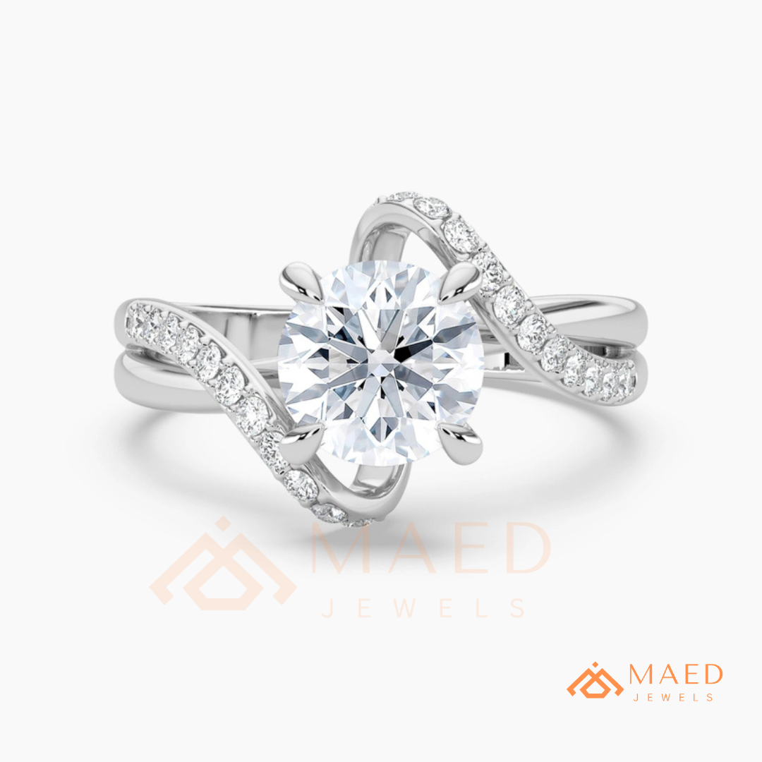 Round Cut Diamond Bypass Engagement Ring in Sterling Silver, 14K Gold & Rose Gold