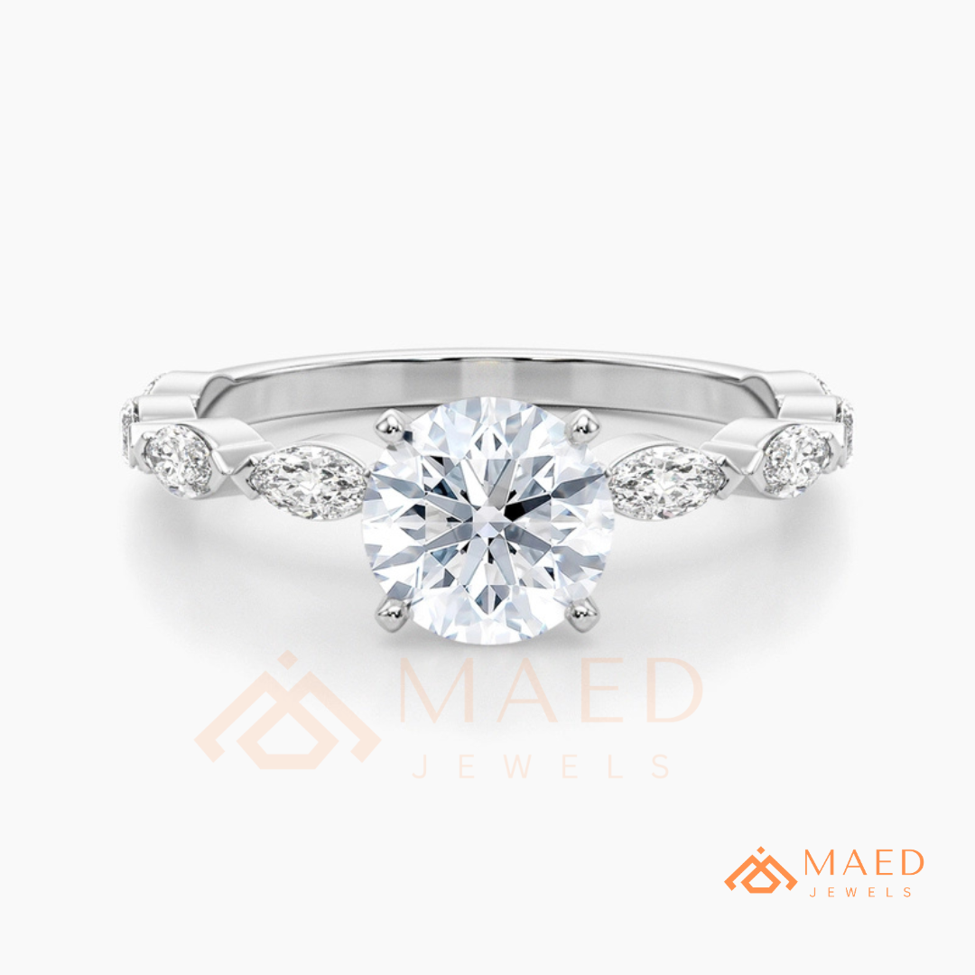 Round Cut Engagement Ring with Marquise Accent Cluster Band in 14K Gold, Rose Gold & Silver