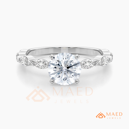 Round Cut Engagement Ring with Marquise Accent Cluster Band in 14K Gold, Rose Gold & Silver