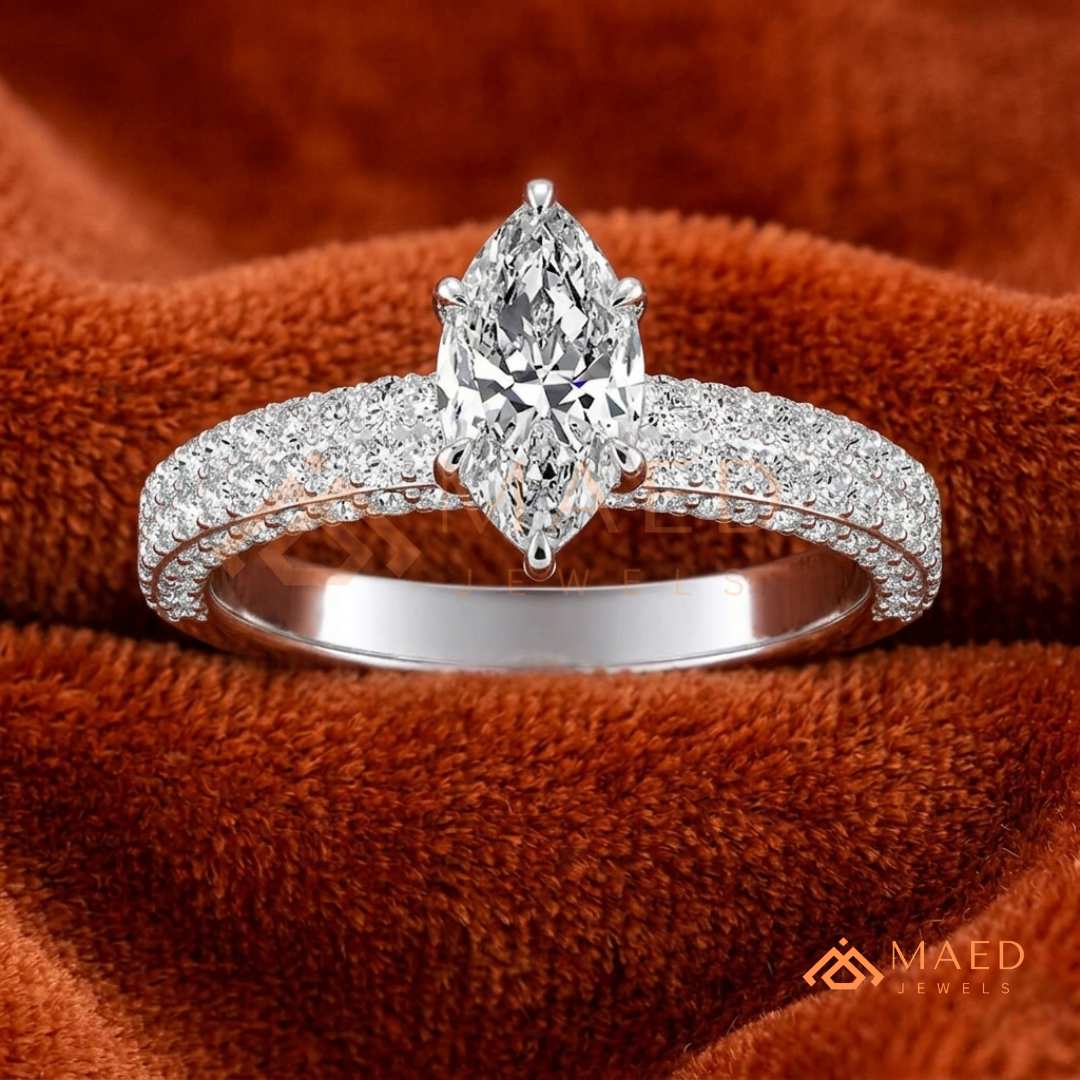 Marquise Cut Solitaire Pave Engagement Ring - Sterling Silver, 14K Gold, or 14K Rose Gold