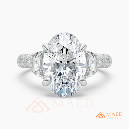 Oval Cut Engagement Ring with Half Moon Side Stones and Pavé Band in Silver, 14K Gold, & 14K Rose Gold
