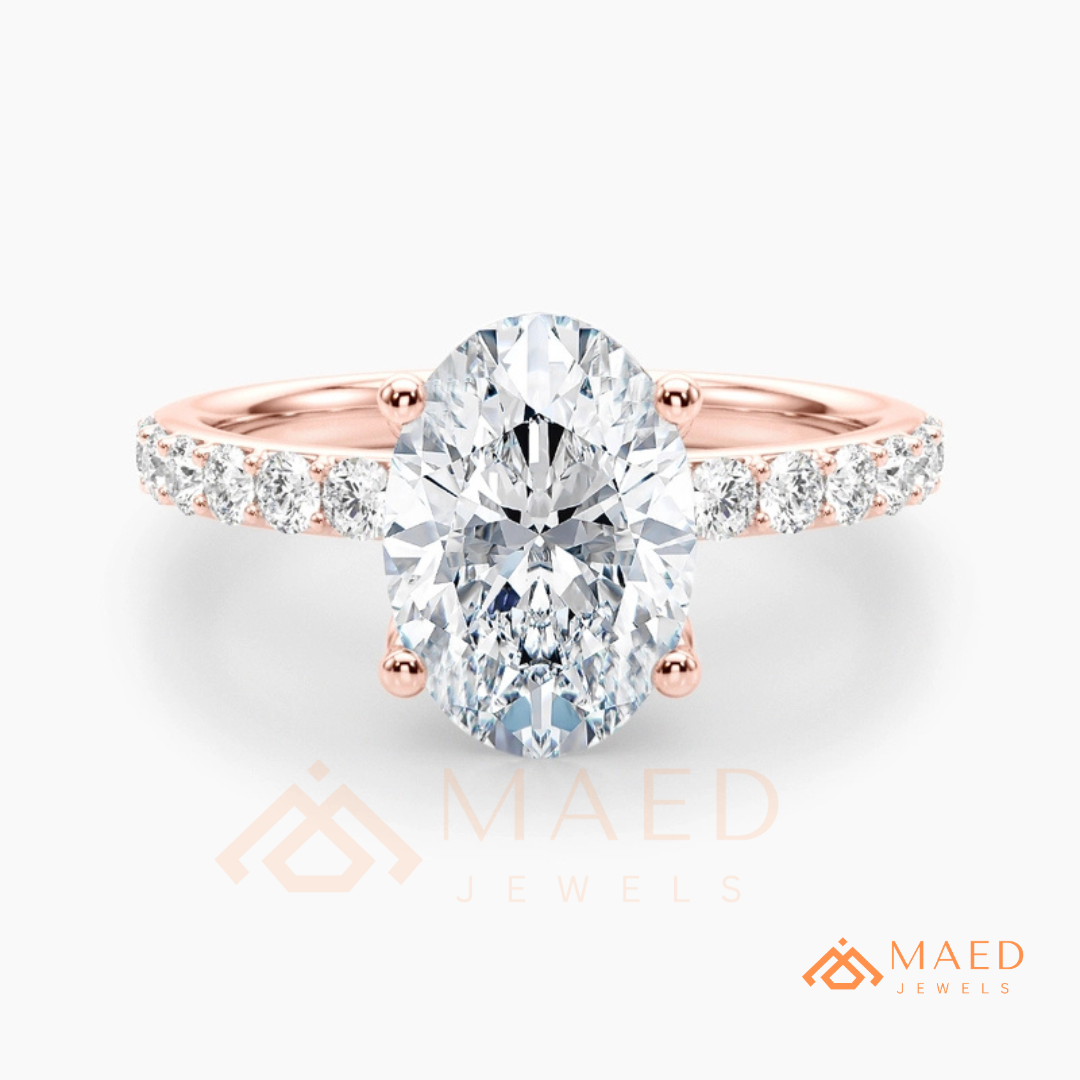 Oval Cut Engagement Ring with Pavé Band | Classic 4-Prong Promise Ring for Women | 14K Gold, Rose Gold & Sterling Silver