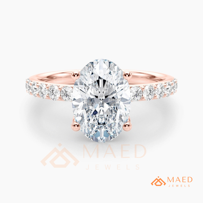 Oval Cut Engagement Ring with Pavé Band | Classic 4-Prong Promise Ring for Women | 14K Gold, Rose Gold & Sterling Silver